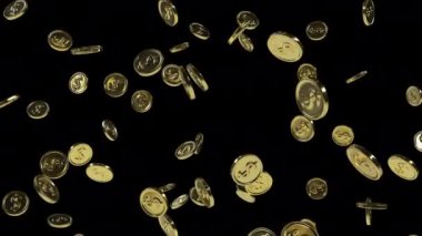 Altın sikkeler şeffaf arkaplanda yavaşça tepeden tırnağa dökülür. Kusursuz animasyon.