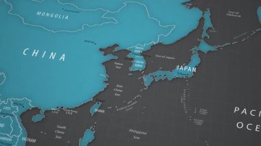 Dünya haritasında Güney Kore. 4K canlandırması.