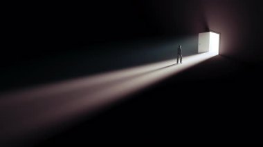 Işık huzmeleri içinde açık bir kapıdan giren bir adamın silueti.