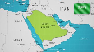 Suudi Arabistan 'ın ulusal bayrağı dalgalanırken Dünya Haritasında.