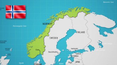Ülkenin ulusal bayrağı dalgalanırken Norveç Dünya Haritasında.