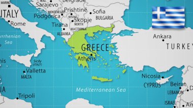 Yunanistan, ülke bayrağı dalgalanırken Dünya Haritasında.