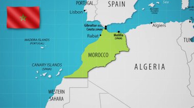 Ülkenin ulusal bayrağının dalgalandığı Dünya Haritasında Fas.