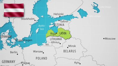 Letonya Dünya Haritasında ülke bayrağı dalgalanırken.