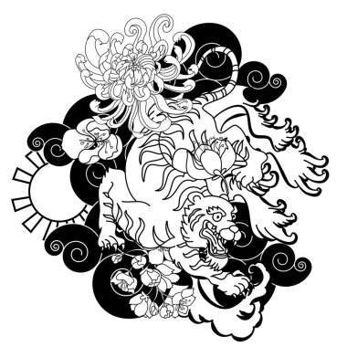 Renkli geleneksel dövme stili kaplan yüzü kiraz çiçeği ve amber çiçeği üzerinde olabilir ve kırmızı yükselen güneş arkaplanı. Kükreyen Çin Kaplanı dövmesi..