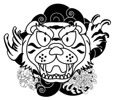 Renkli geleneksel dövme stili kaplan yüzü kiraz çiçeği ve amber çiçeği üzerinde olabilir ve kırmızı yükselen güneş arkaplanı. Kükreyen Çin Kaplanı dövmesi..