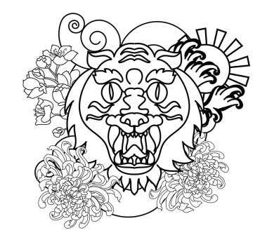 Renkli geleneksel dövme stili kaplan yüzü kiraz çiçeği ve amber çiçeği üzerinde olabilir ve kızıl güneş arkaplanı. Çin kaplanı kükreyen dövmesi..