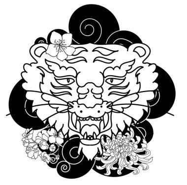 Renkli geleneksel dövme stili kaplan yüzü kiraz çiçeği ve amber çiçeği üzerinde olabilir ve kızıl güneş arkaplanı. Çin kaplanı kükreyen dövmesi..