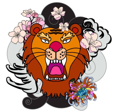 Renkli geleneksel dövme stili kaplan yüzü kiraz çiçeği ve amber çiçeği üzerinde olabilir ve kızıl güneş arkaplanı. Çin kaplanı kükreyen dövmesi..