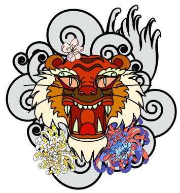 Renkli geleneksel dövme stili kaplan yüzü kiraz çiçeği ve amber çiçeği üzerinde olabilir ve kızıl güneş arkaplanı. Çin kaplanı kükreyen dövmesi..