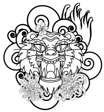 Renkli geleneksel dövme stili kaplan yüzü kiraz çiçeği ve amber çiçeği üzerinde olabilir ve kızıl güneş arkaplanı. Çin kaplanı kükreyen dövmesi..