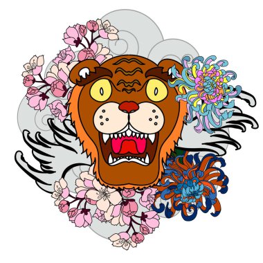 Renkli geleneksel dövme stili kaplan yüzü kiraz çiçeği ve amber çiçeği üzerinde olabilir ve kızıl güneş arkaplanı. Çin kaplanı kükreyen dövmesi..