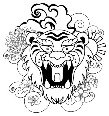 Renkli geleneksel dövme stili kaplan yüzü kiraz çiçeği ve amber çiçeği üzerinde olabilir ve kızıl güneş arkaplanı. Çin kaplanı kükreyen dövmesi..