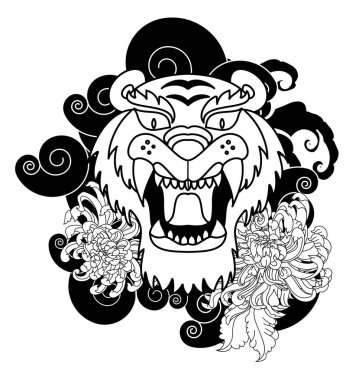 Renkli geleneksel dövme stili kaplan yüzü kiraz çiçeği ve amber çiçeği üzerinde olabilir ve kızıl güneş arkaplanı. Çin kaplanı kükreyen dövmesi..