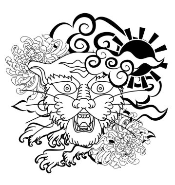 Renkli geleneksel dövme stili kaplan yüzü kiraz çiçeği ve amber çiçeği üzerinde olabilir ve kızıl güneş arkaplanı. Çin kaplanı kükreyen dövmesi..