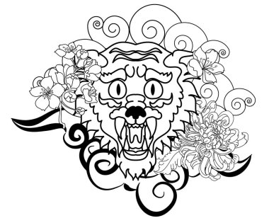 Renkli geleneksel dövme stili kaplan yüzü kiraz çiçeği ve amber çiçeği üzerinde olabilir ve kızıl güneş arkaplanı. Çin kaplanı kükreyen dövmesi..