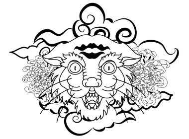 Renkli geleneksel dövme stili kaplan yüzü kiraz çiçeği ve amber çiçeği üzerinde olabilir ve kızıl güneş arkaplanı. Çin kaplanı kükreyen dövmesi..