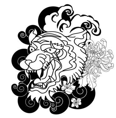 Renkli geleneksel dövme stili kaplan yüzü kiraz çiçeği ve amber çiçeği üzerinde olabilir ve kızıl güneş arkaplanı. Çin kaplanı kükreyen dövmesi..