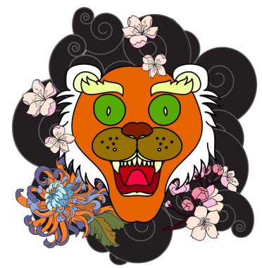 Renkli geleneksel dövme stili kaplan yüzü kiraz çiçeği ve amber çiçeği üzerinde olabilir ve kızıl güneş arkaplanı. Çin kaplanı kükreyen dövmesi..