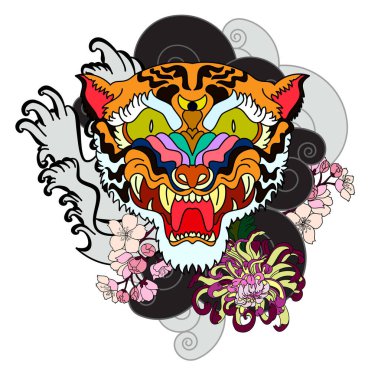 Renkli geleneksel dövme stili kaplan yüzü kiraz çiçeği ve amber çiçeği üzerinde olabilir ve kızıl güneş arkaplanı. Çin kaplanı kükreyen dövmesi..