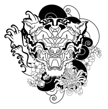 Renkli geleneksel dövme stili kaplan yüzü kiraz çiçeği ve amber çiçeği üzerinde olabilir ve kızıl güneş arkaplanı. Çin kaplanı kükreyen dövmesi..