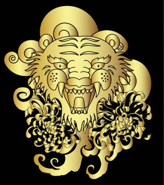 Renkli geleneksel dövme stili kaplan yüzü kiraz çiçeği ve amber çiçeği üzerinde olabilir ve kızıl güneş arkaplanı. Çin kaplanı kükreyen dövmesi..