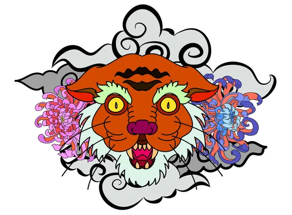 Renkli geleneksel dövme stili kaplan yüzü kiraz çiçeği ve amber çiçeği üzerinde olabilir ve kızıl güneş arkaplanı. Çin kaplanı kükreyen dövmesi..