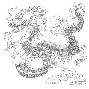 Japon kırmızı ejderha dövmesi. Çin Yeni Yılı için kırmızı zemin üzerinde ejderha. Altın Çin Ejderhası vektörü. Altın çizgili sanat kralı ejderhası dövmesi..