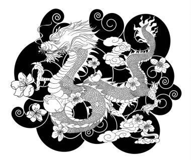 Japon kırmızı ejderha dövmesi. Çin Yeni Yılı için kırmızı zemin üzerinde ejderha. Altın Çin Ejderhası vektörü. Altın çizgili sanat kralı ejderhası dövmesi..