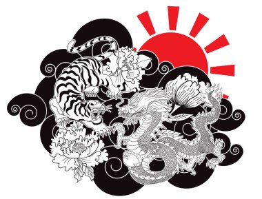 Kaplan dövmeli ejderha dövüşü. Bulutlarda ejderha ve kaplan ve yükselen kırmızı güneş. Tişört basmak için geleneksel Japon ejderhası ve kaplanı..