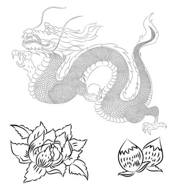 Japon kırmızı ejderha dövmesi. Çin Yeni Yılı için kırmızı zemin üzerinde ejderha. Altın Çin Ejderhası vektörü. Altın çizgili sanat kralı ejderhası dövmesi..