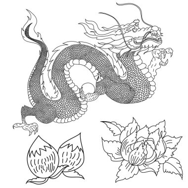 Japon kırmızı ejderha dövmesi. Çin Yeni Yılı için kırmızı zemin üzerinde ejderha. Altın Çin Ejderhası vektörü. Altın çizgili sanat kralı ejderhası dövmesi..