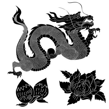 Japon kırmızı ejderha dövmesi. Çin Yeni Yılı için kırmızı zemin üzerinde ejderha. Altın Çin Ejderhası vektörü. Altın çizgili sanat kralı ejderhası dövmesi..