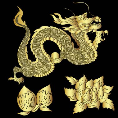 Japon kırmızı ejderha dövmesi. Çin Yeni Yılı için kırmızı zemin üzerinde ejderha. Altın Çin Ejderhası vektörü. Altın çizgili sanat kralı ejderhası dövmesi..