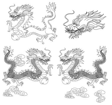 Japon kırmızı ejderha dövmesi. Çin Yeni Yılı için kırmızı zemin üzerinde ejderha. Altın Çin Ejderhası vektörü. Altın çizgili sanat kralı ejderhası dövmesi..