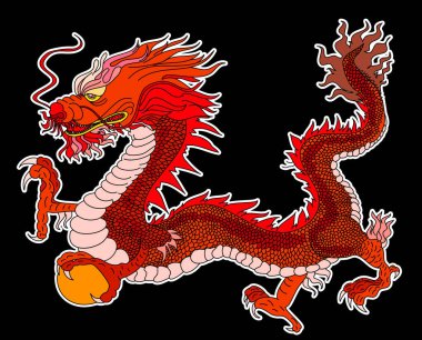 Japon kırmızı ejderha dövmesi. Çin Yeni Yılı için kırmızı zemin üzerinde ejderha. Altın Çin Ejderhası vektörü. Altın çizgili sanat kralı ejderhası dövmesi..