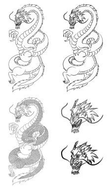 Japon kırmızı ejderha dövmesi. Çin Yeni Yılı için kırmızı zemin üzerinde ejderha. Altın Çin Ejderhası vektörü. Altın çizgili sanat kralı ejderhası dövmesi..