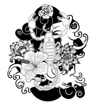 Japon usulü akrep dövmesi. Bir tişört basmak için tasarla. Kiraz çiçeği ve nilüfer dövmeli Hibiscus çiçeği..