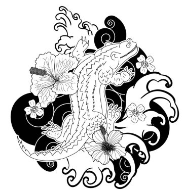 Timsah dövmesi ve Japon tarzı çiçek. Kiraz çiçeği ve nilüfer dövmeli Hibiscus çiçeği. Bir tişört için tasarla..