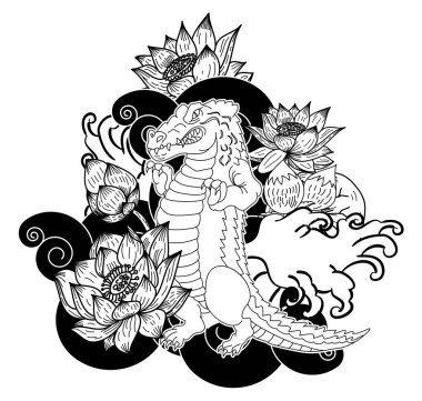 Timsah dövmesi ve Japon tarzı çiçek. Kiraz çiçeği ve nilüfer dövmeli Hibiscus çiçeği. Bir tişört için tasarla..