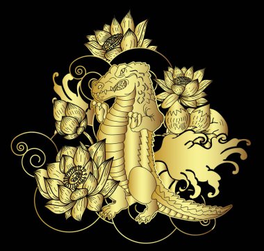 Timsah dövmesi ve Japon tarzı çiçek. Kiraz çiçeği ve nilüfer dövmeli Hibiscus çiçeği. Bir tişört için tasarla..