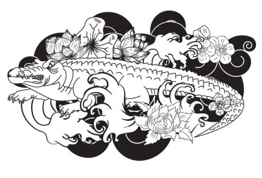 Timsah dövmesi ve Japon tarzı çiçek. Kiraz çiçeği ve nilüfer dövmeli Hibiscus çiçeği. Bir tişört için tasarla..