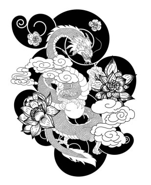 Geleneksel kiraz çiçekli Japon ejderhası ve dövme tasarımları için el çizimi Çin ejderhası gömleğe basmak için. Beyaz izole arkaplanı boyamak için ejderha vektörünün güzel çizgisi.