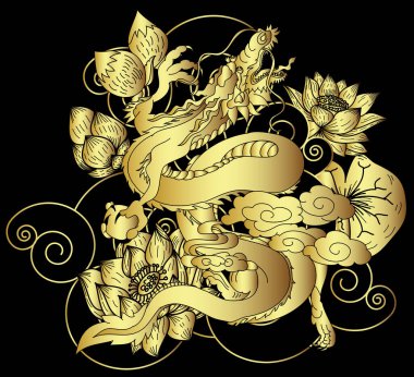 Geleneksel kiraz çiçekli Japon ejderhası ve dövme tasarımları için el çizimi Çin ejderhası gömleğe basmak için. Beyaz izole arkaplanı boyamak için ejderha vektörünün güzel çizgisi.