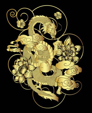 Geleneksel kiraz çiçekli Japon ejderhası ve dövme tasarımları için el çizimi Çin ejderhası gömleğe basmak için. Beyaz izole arkaplanı boyamak için ejderha vektörünün güzel çizgisi.