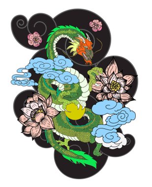 Geleneksel kiraz çiçekli Japon ejderhası ve dövme tasarımları için el çizimi Çin ejderhası gömleğe basmak için. Beyaz izole arkaplanı boyamak için ejderha vektörünün güzel çizgisi.