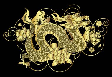 Geleneksel kiraz çiçekli Japon ejderhası ve dövme tasarımları için el çizimi Çin ejderhası gömleğe basmak için. Beyaz izole arkaplanı boyamak için ejderha vektörünün güzel çizgisi.