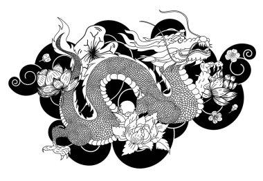 Geleneksel kiraz çiçekli Japon ejderhası ve dövme tasarımları için el çizimi Çin ejderhası gömleğe basmak için. Beyaz izole arkaplanı boyamak için ejderha vektörünün güzel çizgisi.