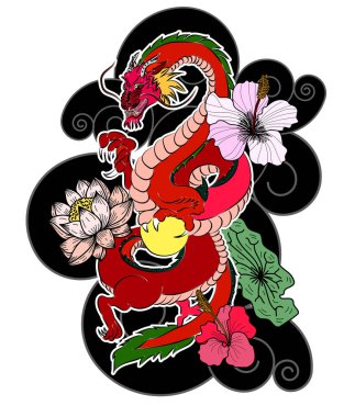 Geleneksel kiraz çiçekli Japon ejderhası ve dövme tasarımları için el çizimi Çin ejderhası gömleğe basmak için. Beyaz izole arkaplanı boyamak için ejderha vektörünün güzel çizgisi.