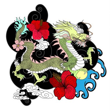 Geleneksel kiraz çiçekli Japon ejderhası ve dövme tasarımları için el çizimi Çin ejderhası gömleğe basmak için. Beyaz izole arkaplanı boyamak için ejderha vektörünün güzel çizgisi.